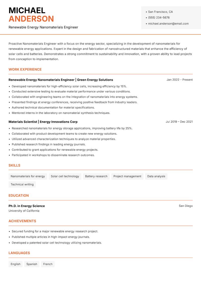Nanomaterials Engineer Resume Template