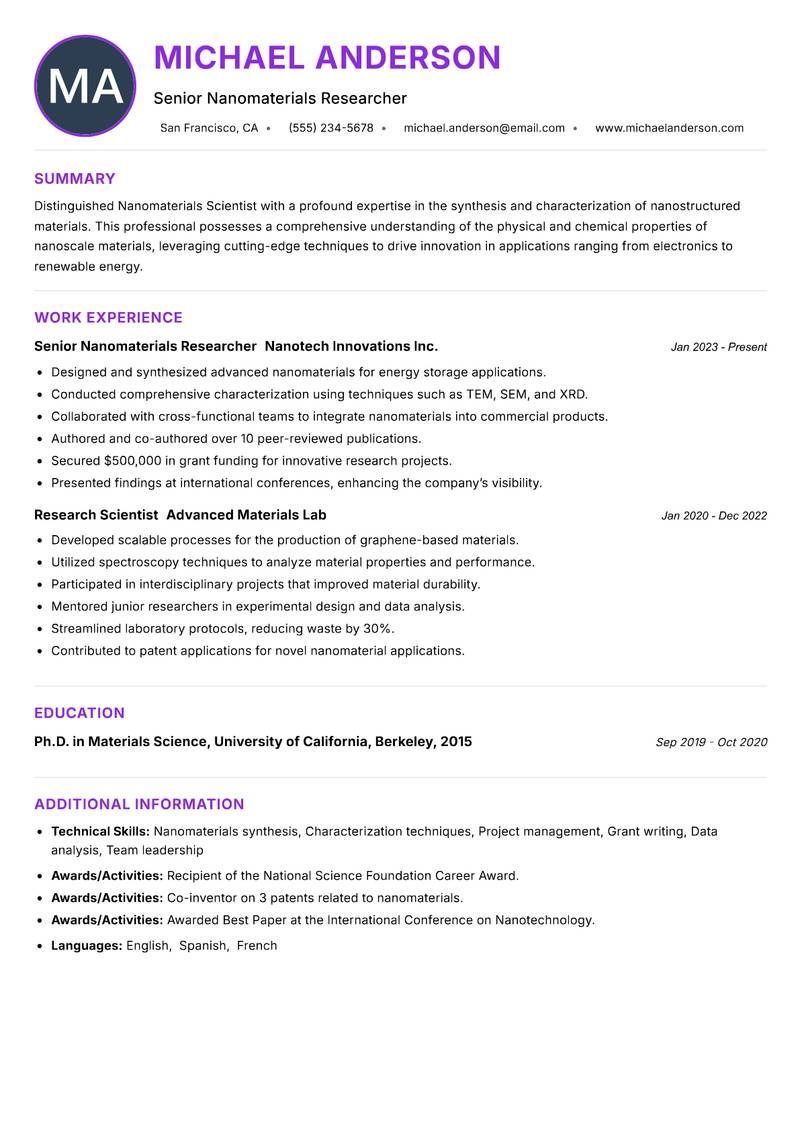 Nanomaterials Scientist Resume Preview Example