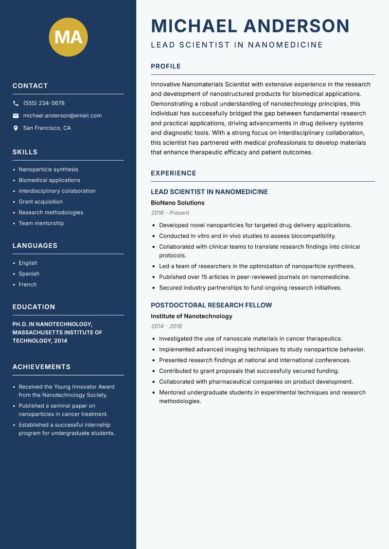 Nanomaterials Scientist Resume Preview Example