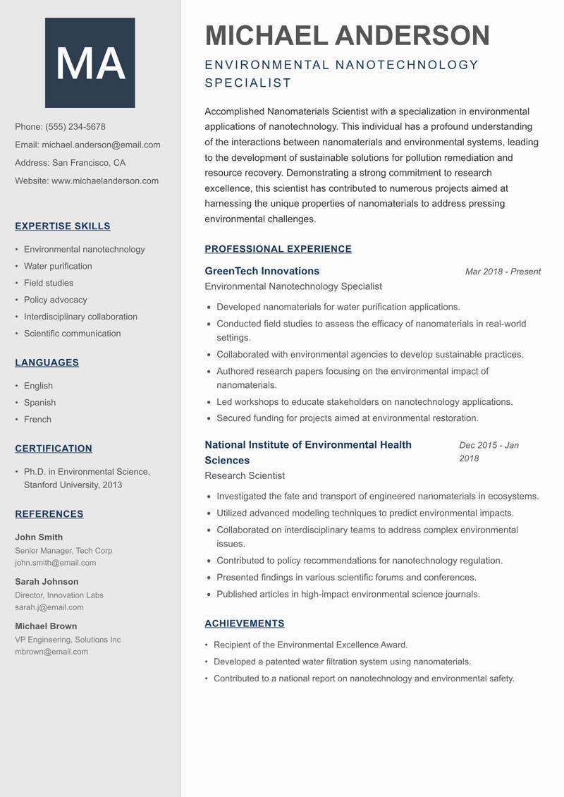 Nanomaterials Scientist Resume Preview Example