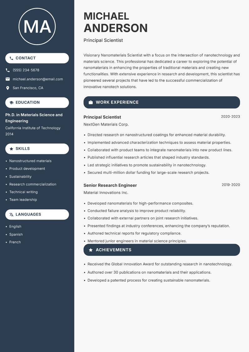 Nanomaterials Scientist Resume Preview Example