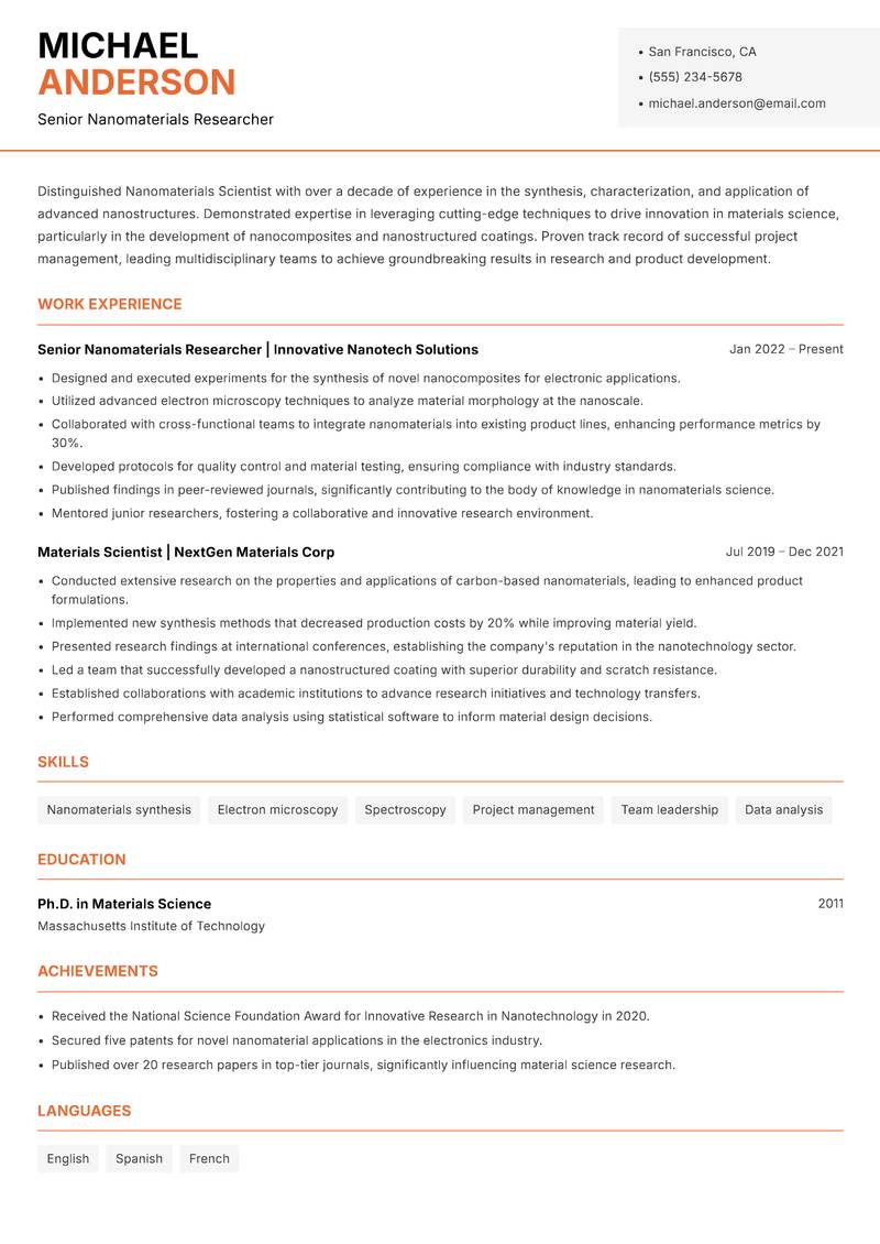 Nanomaterials Scientist Resume Template