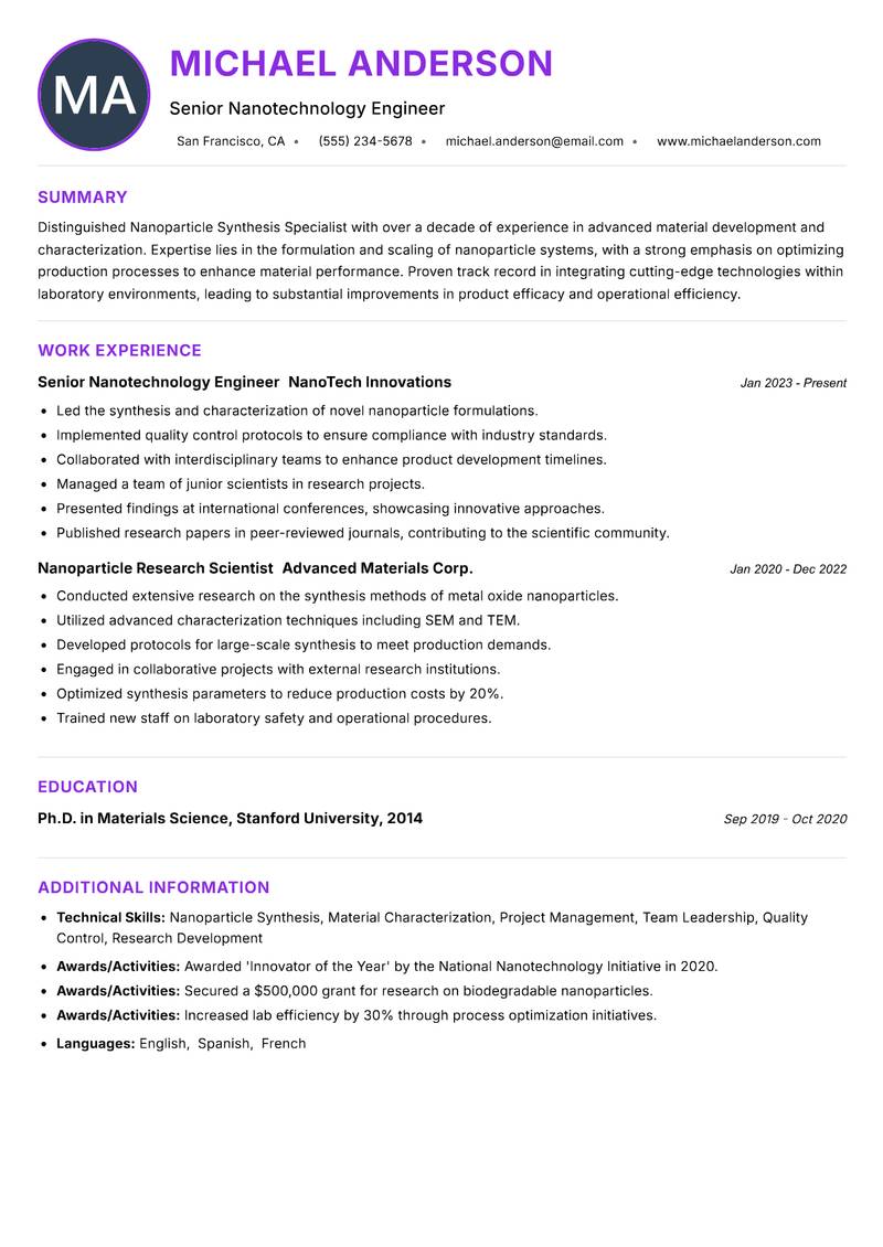 Nanoparticle Synthesis Specialist Resume Preview Example