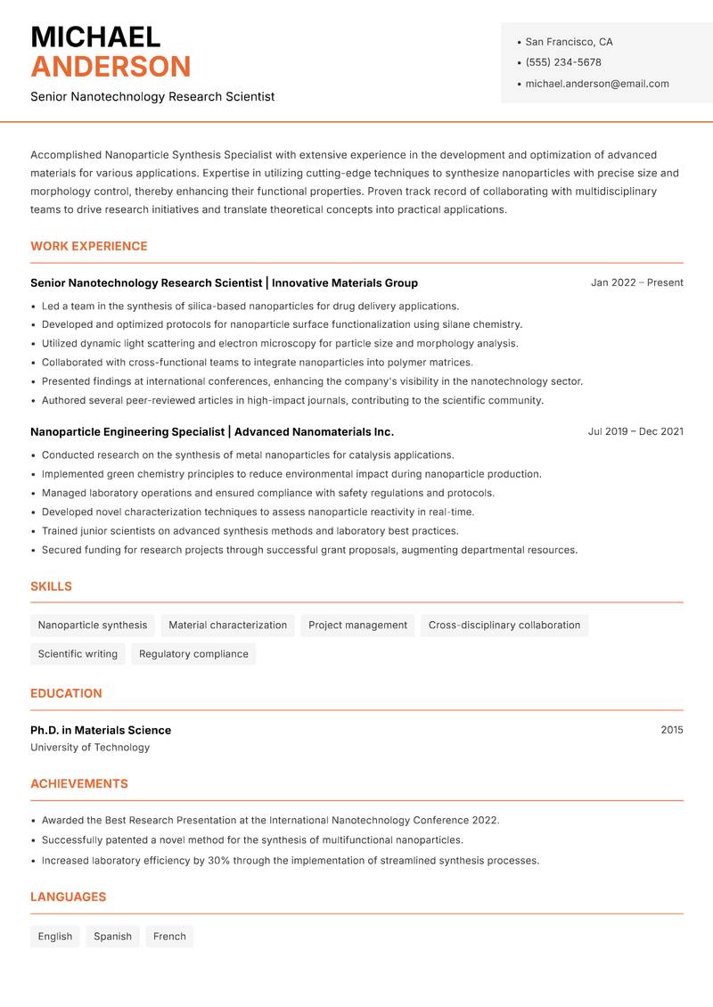 Nanoparticle Synthesis Specialist Resume Template