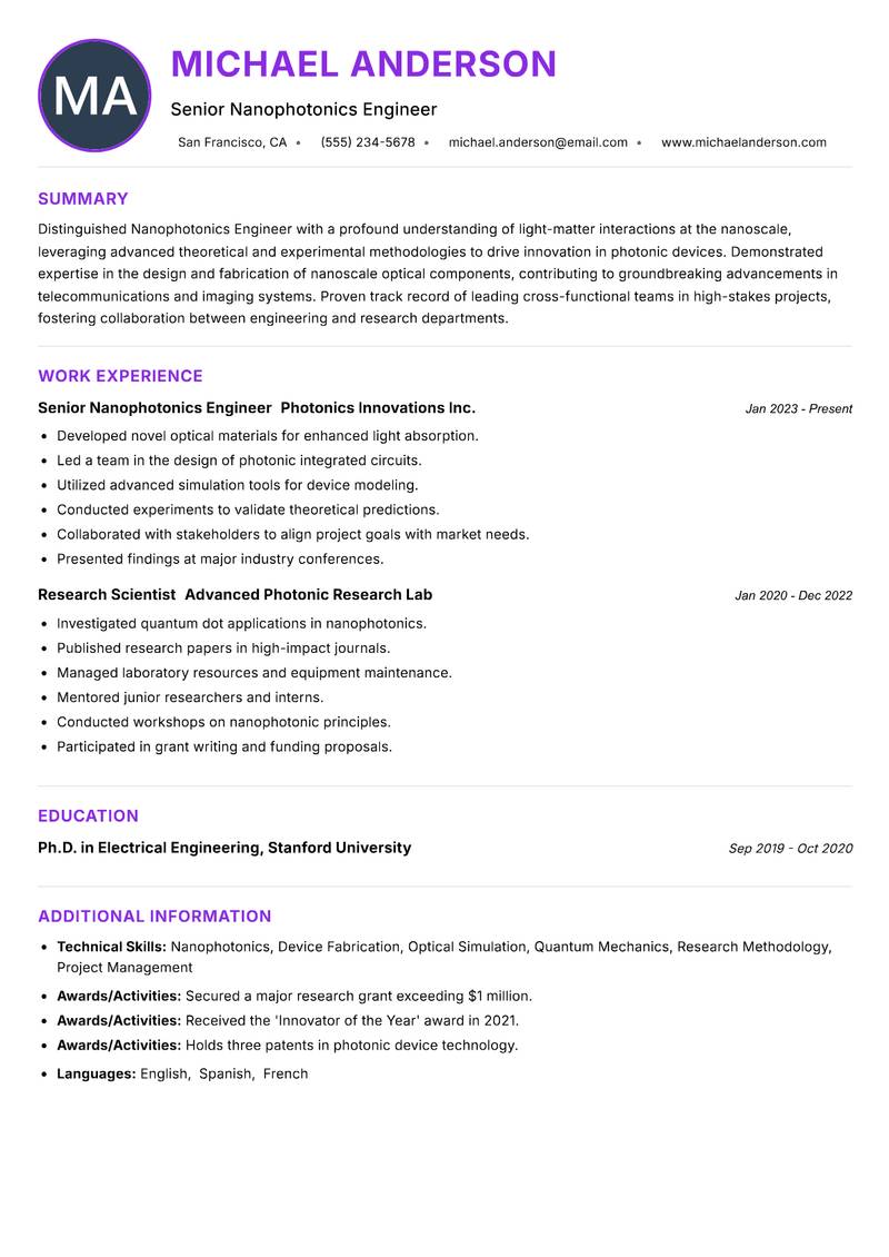 Nanophotonics Engineer Resume Preview Example