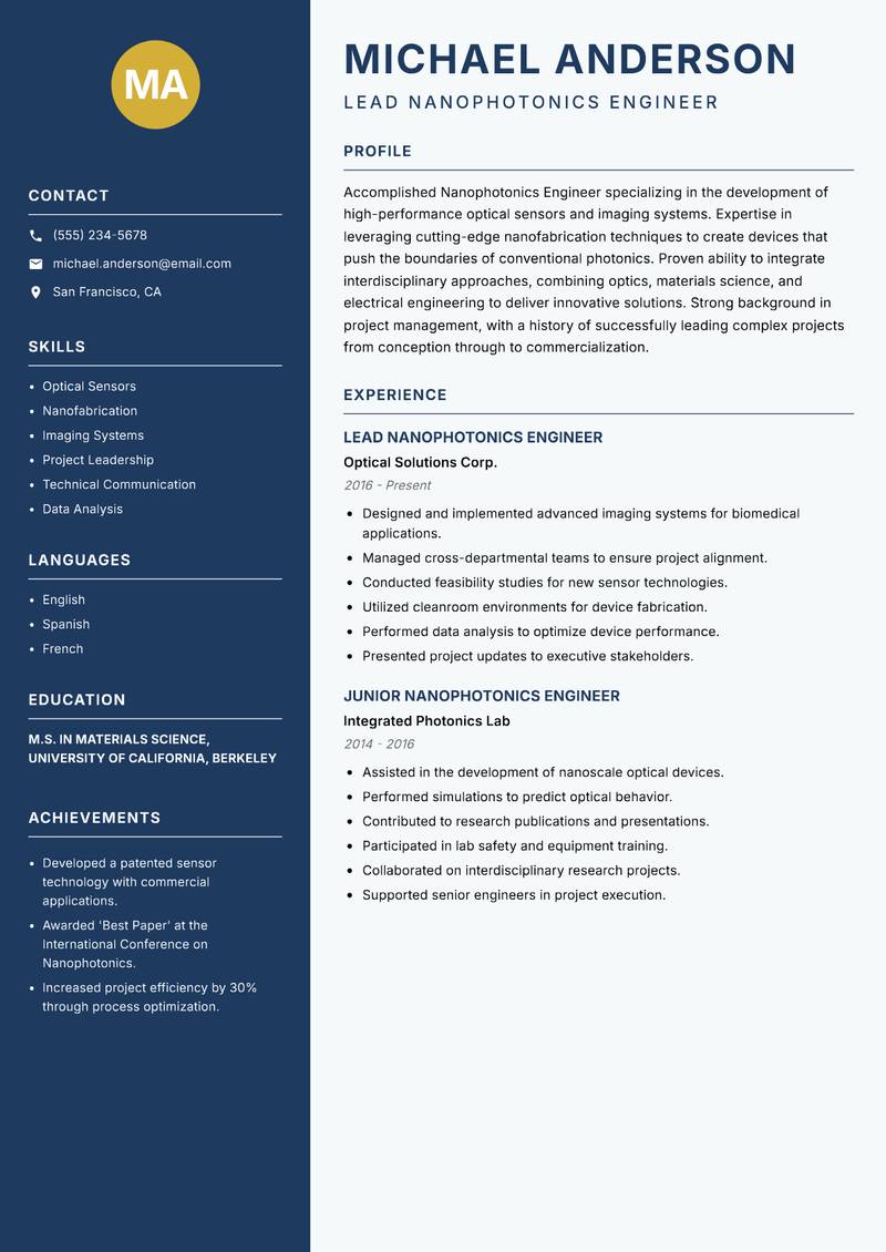 Nanophotonics Engineer Resume Preview Example