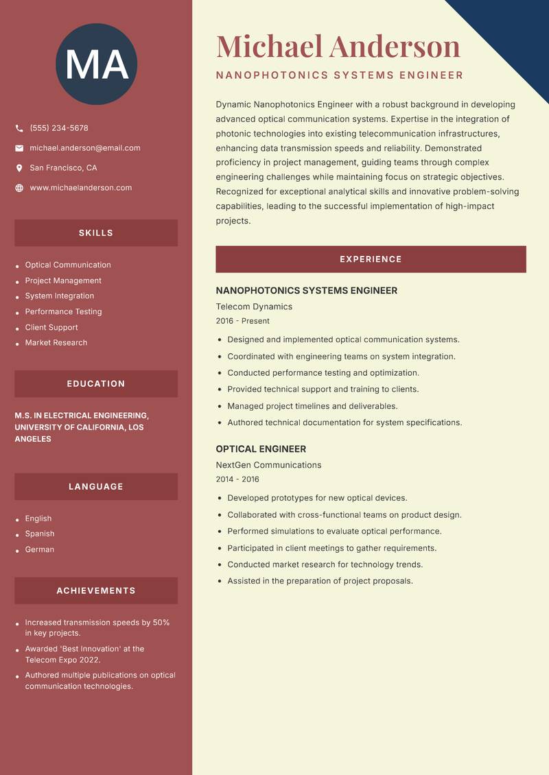 Nanophotonics Engineer Resume Preview Example