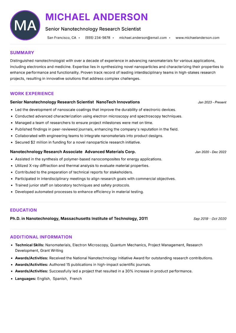 Nanotechnologist Resume Preview Example
