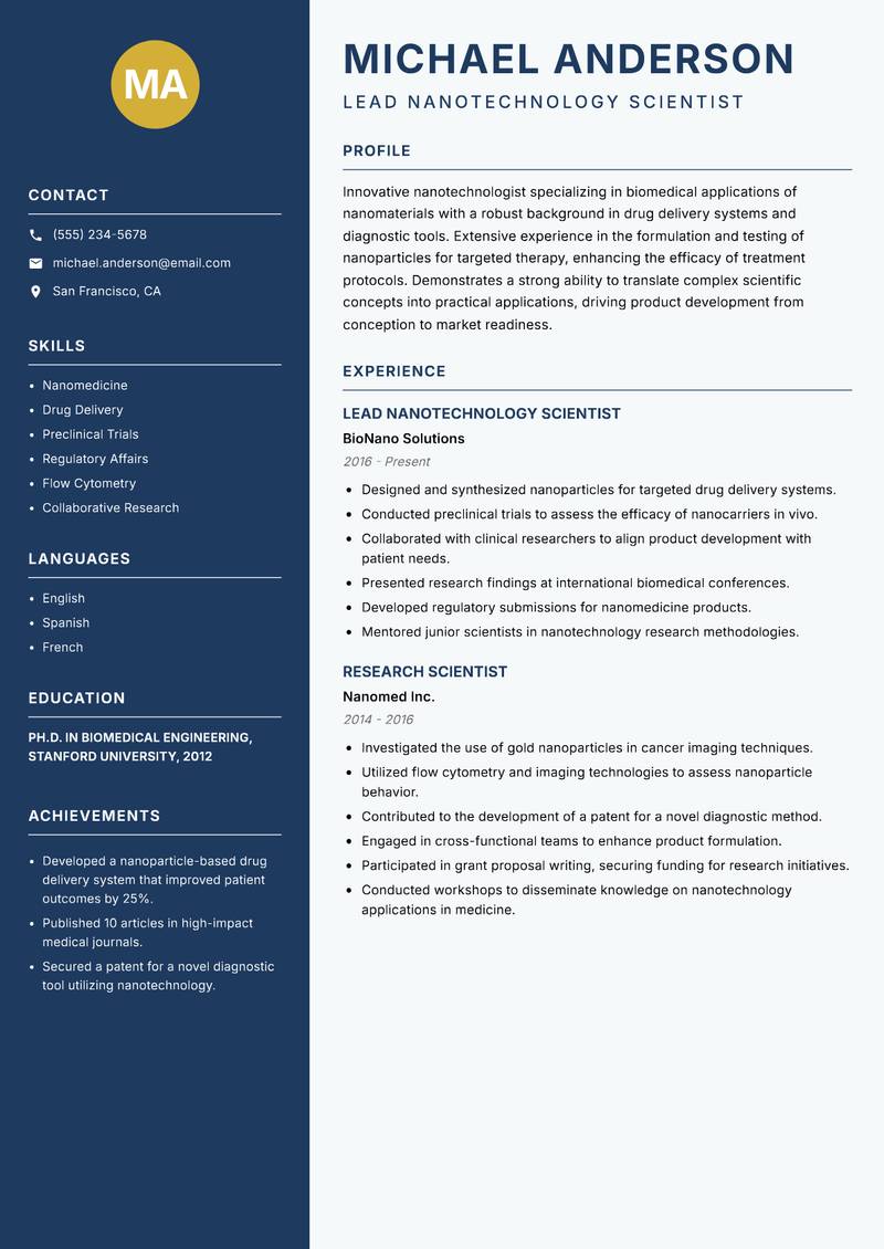 Nanotechnologist Resume Preview Example