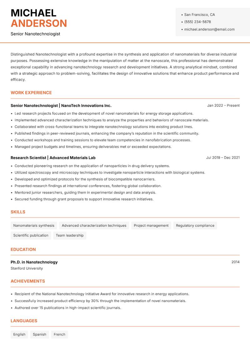 Nanotechnologist Resume Template