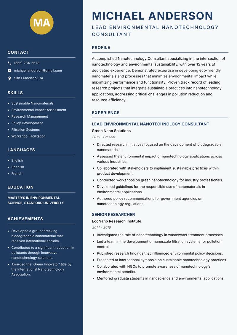 Nanotechnology Consultant Resume Preview Example
