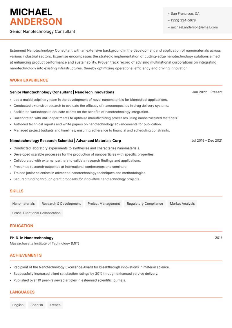 Nanotechnology Consultant Resume Template