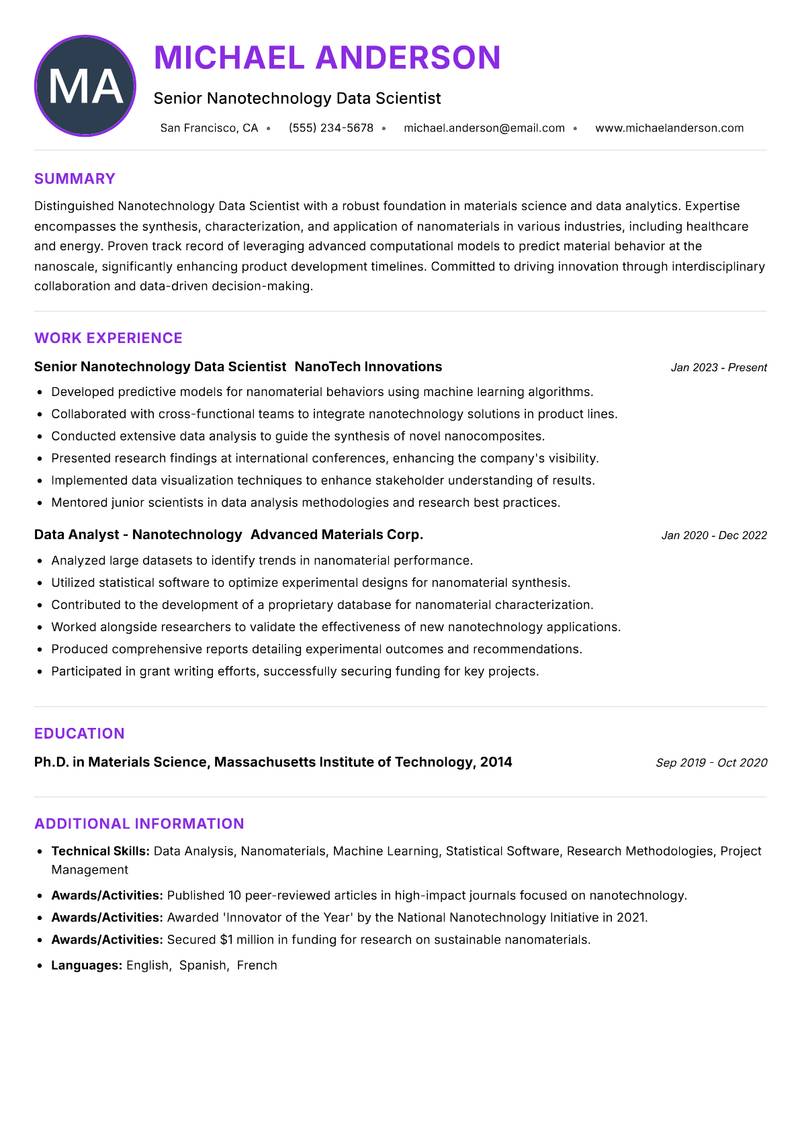 Nanotechnology Data Scientist Resume Preview Example