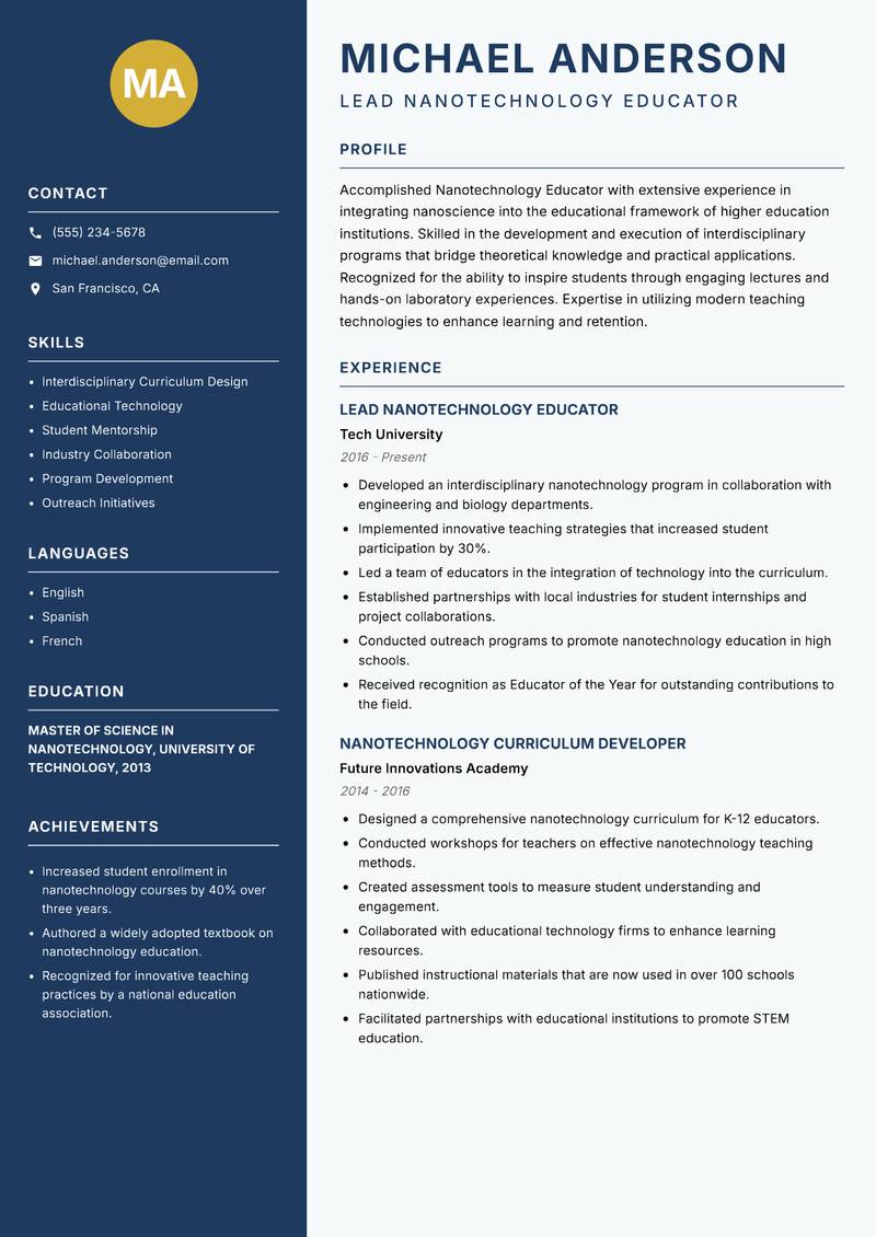 Nanotechnology Educator Resume Preview Example
