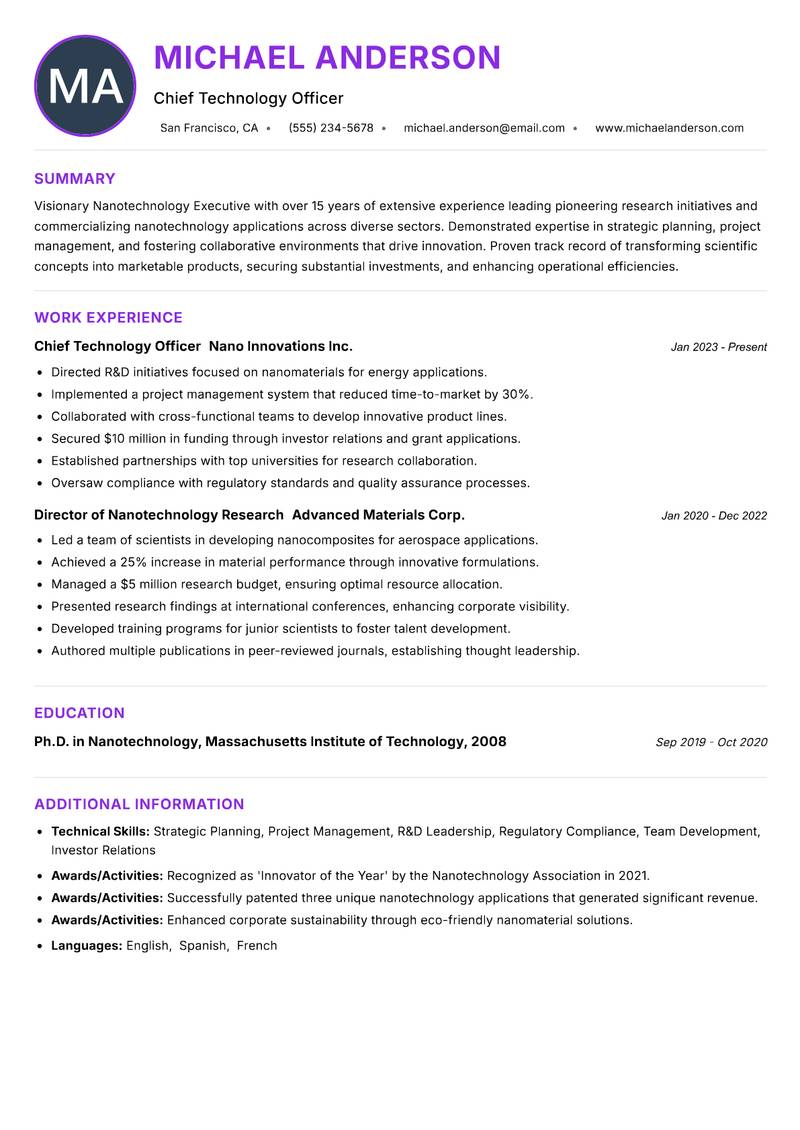 Nanotechnology Executive Resume Preview Example