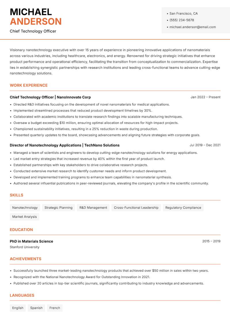 Nanotechnology Executive Resume Template