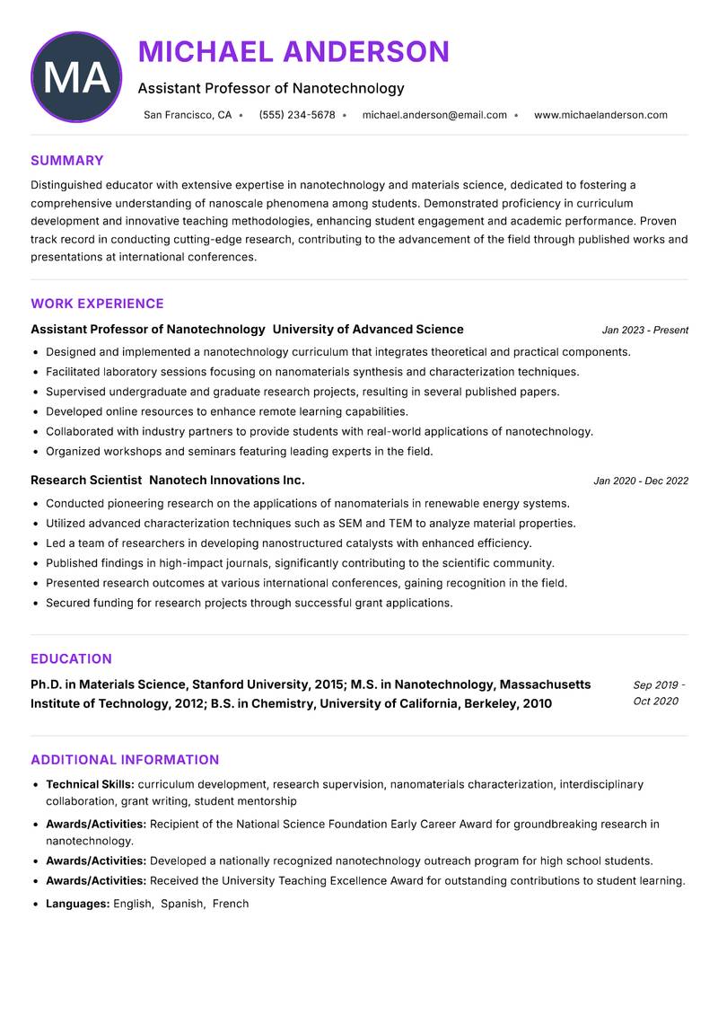 Nanotechnology Instructor Resume Preview Example