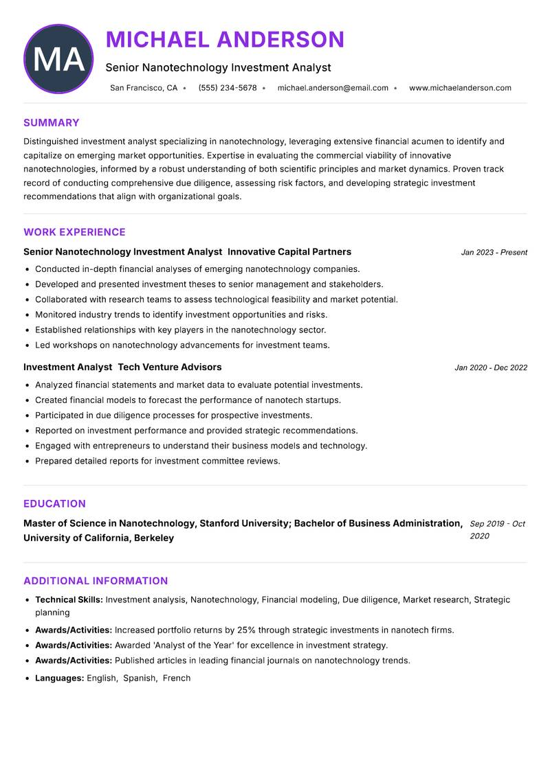Nanotechnology Investment Analyst Resume Preview Example