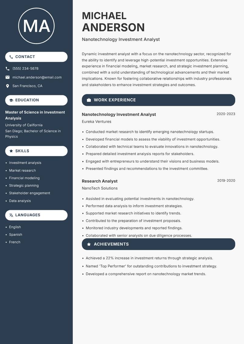 Nanotechnology Investment Analyst Resume Preview Example