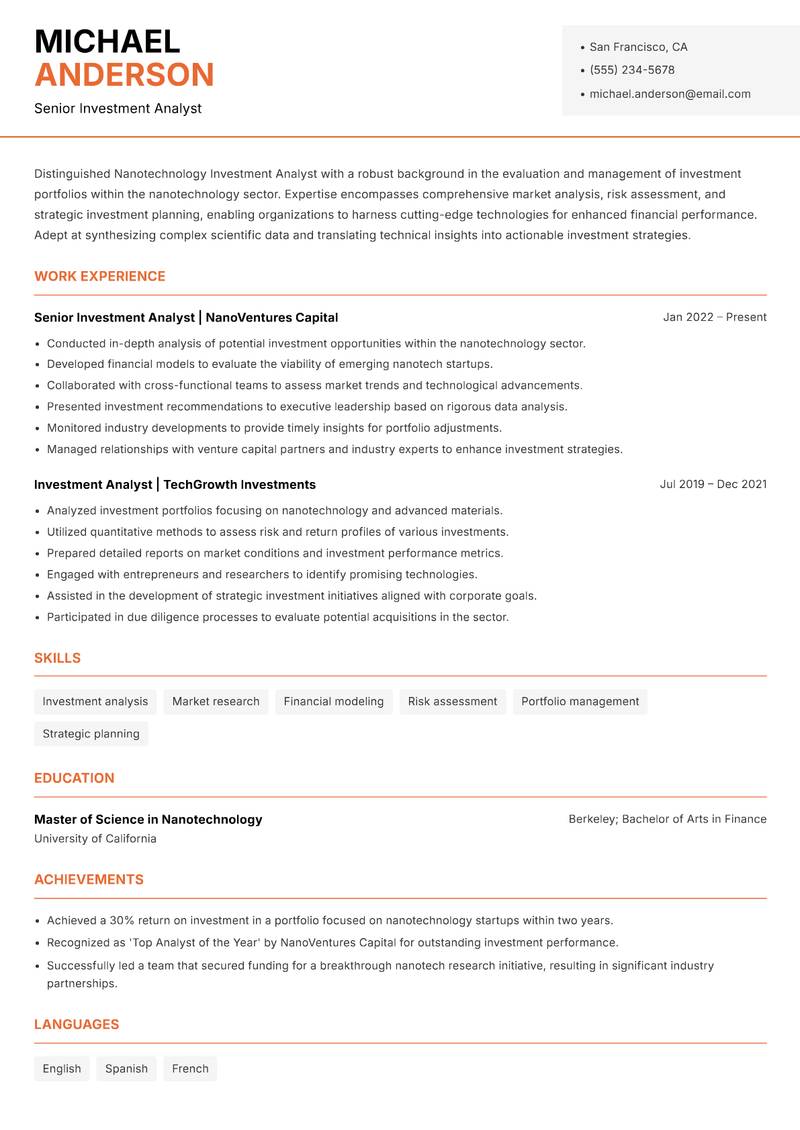 Nanotechnology Investment Analyst Resume Template