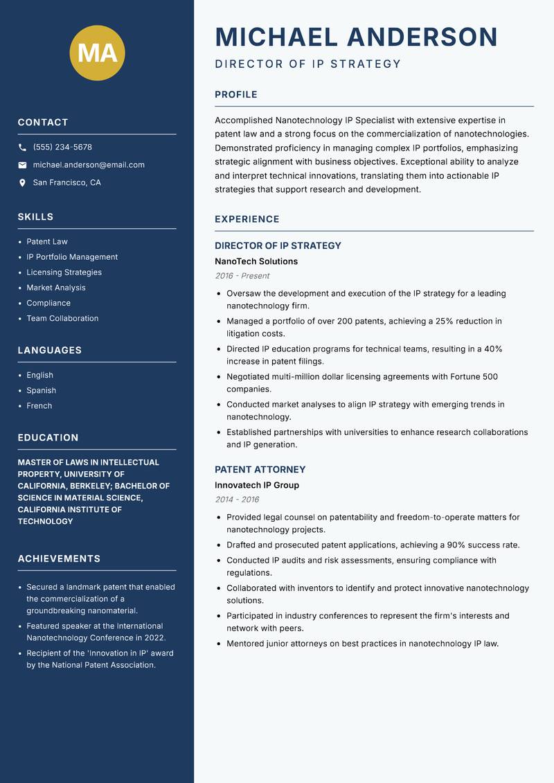 Nanotechnology IP Specialist Resume Preview Example