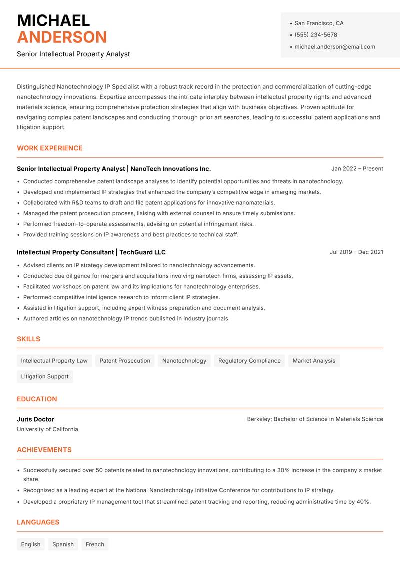 Nanotechnology IP Specialist Resume Template