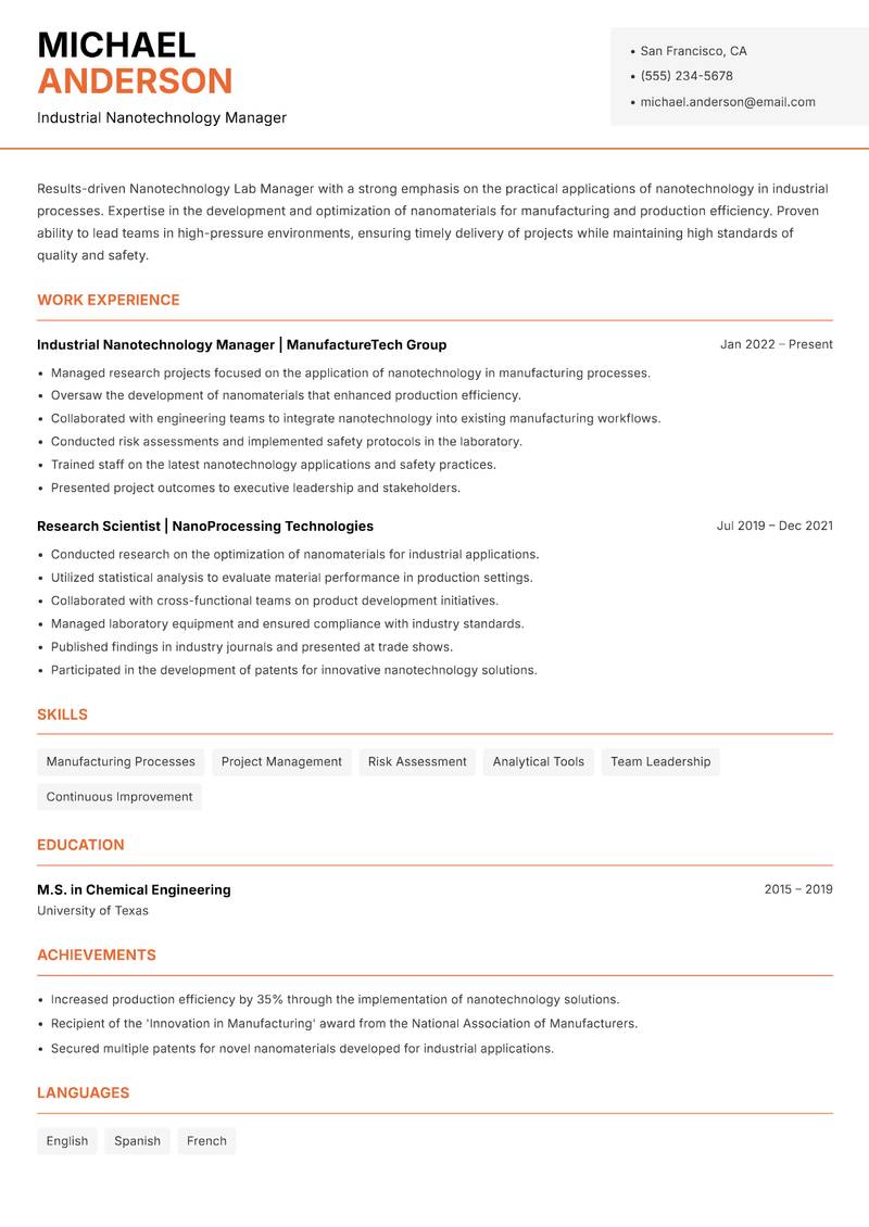 Nanotechnology Lab Manager Resume Template
