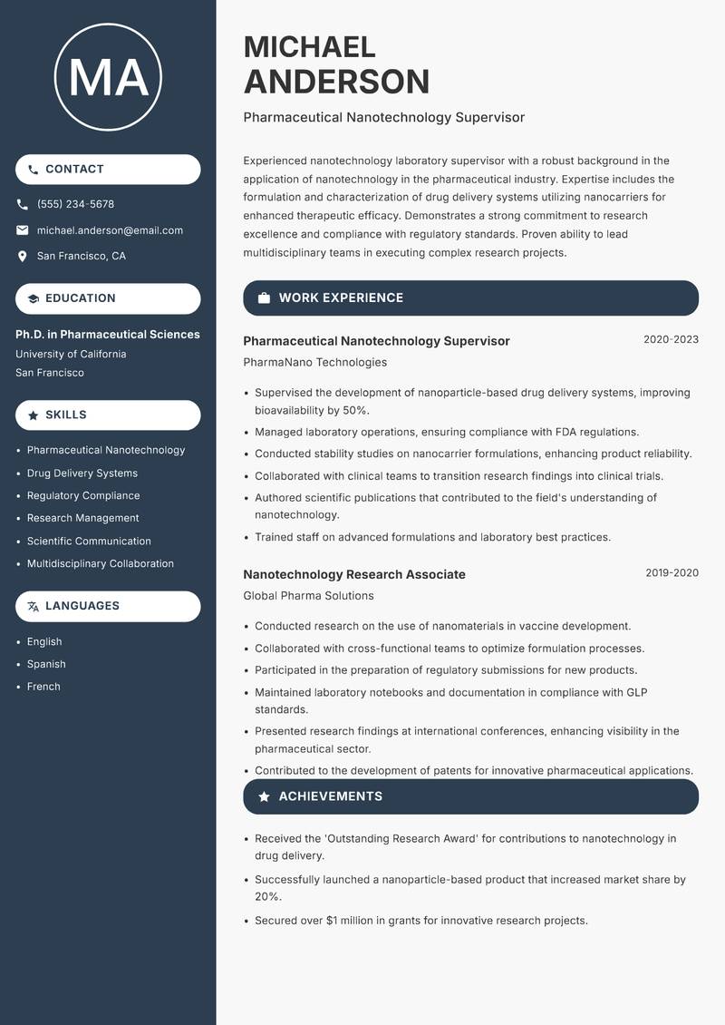 Nanotechnology Laboratory Supervisor Resume Preview Example