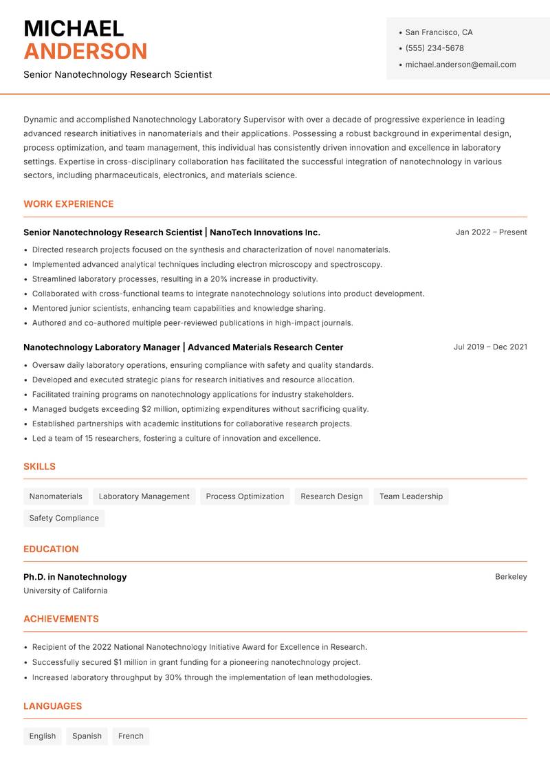 Nanotechnology Laboratory Supervisor Resume Template