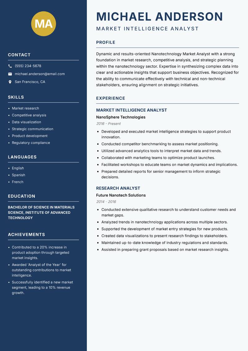 Nanotechnology Market Analyst Resume Preview Example