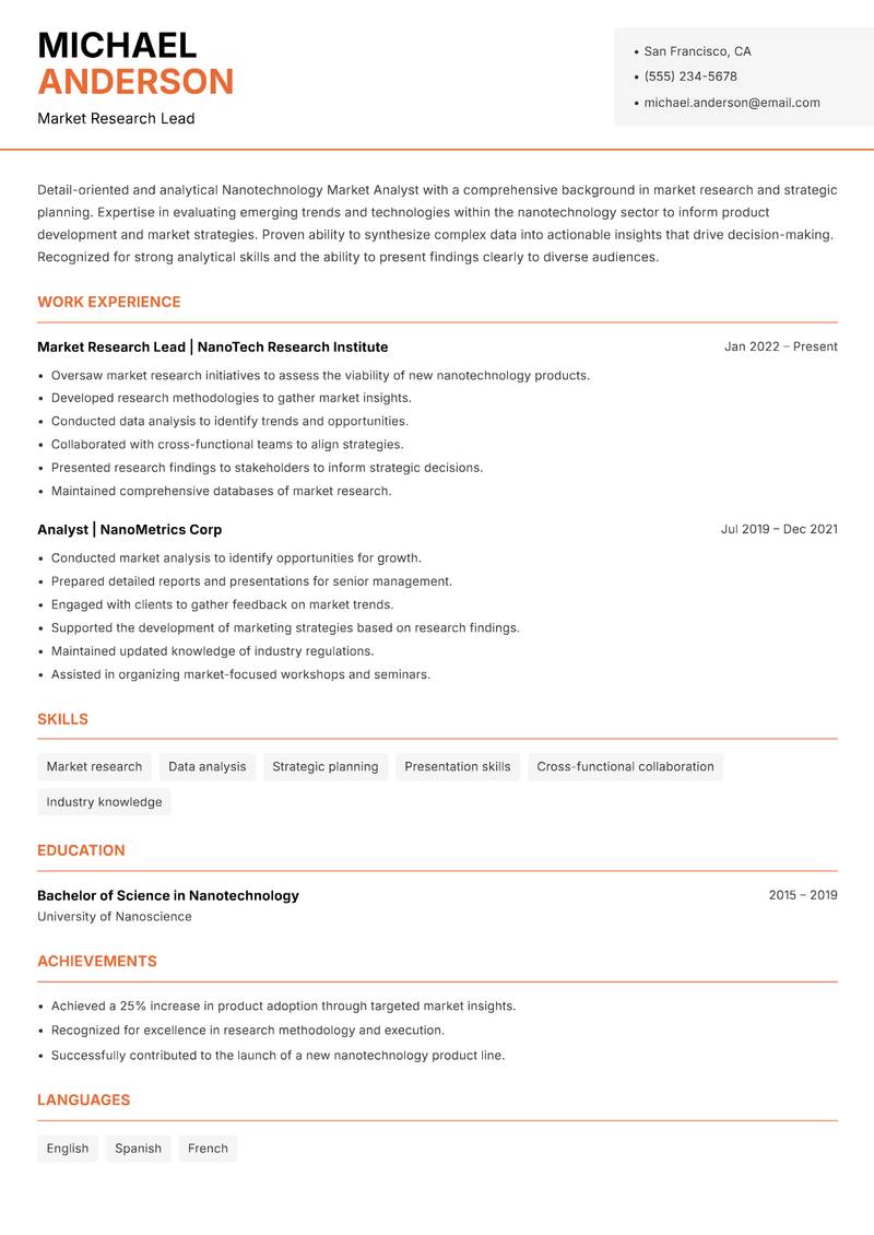 Nanotechnology Market Analyst Resume Template
