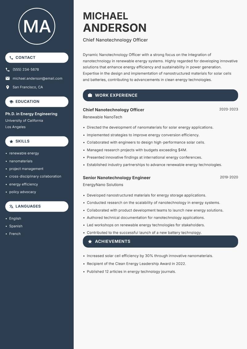 Nanotechnology Officer Resume Preview Example