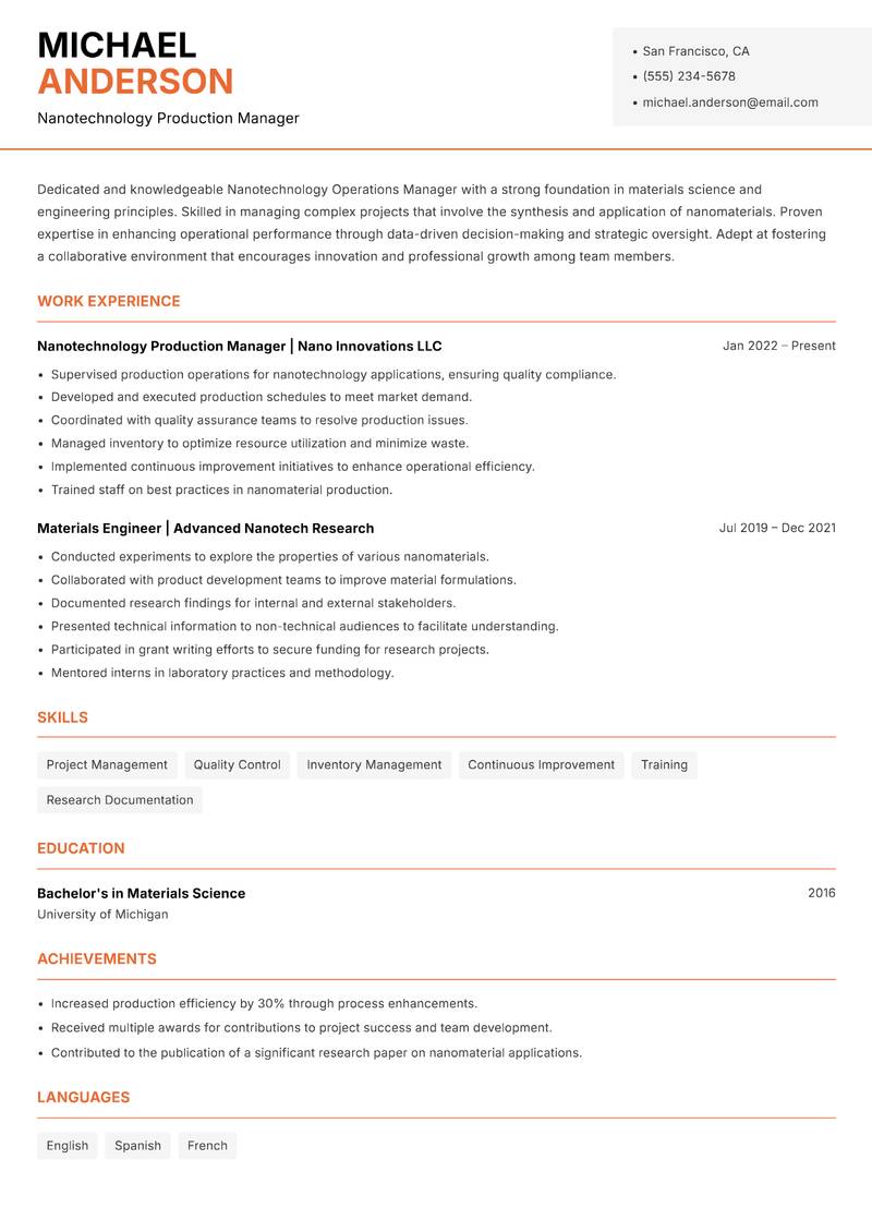 Nanotechnology Operations Manager Resume Template