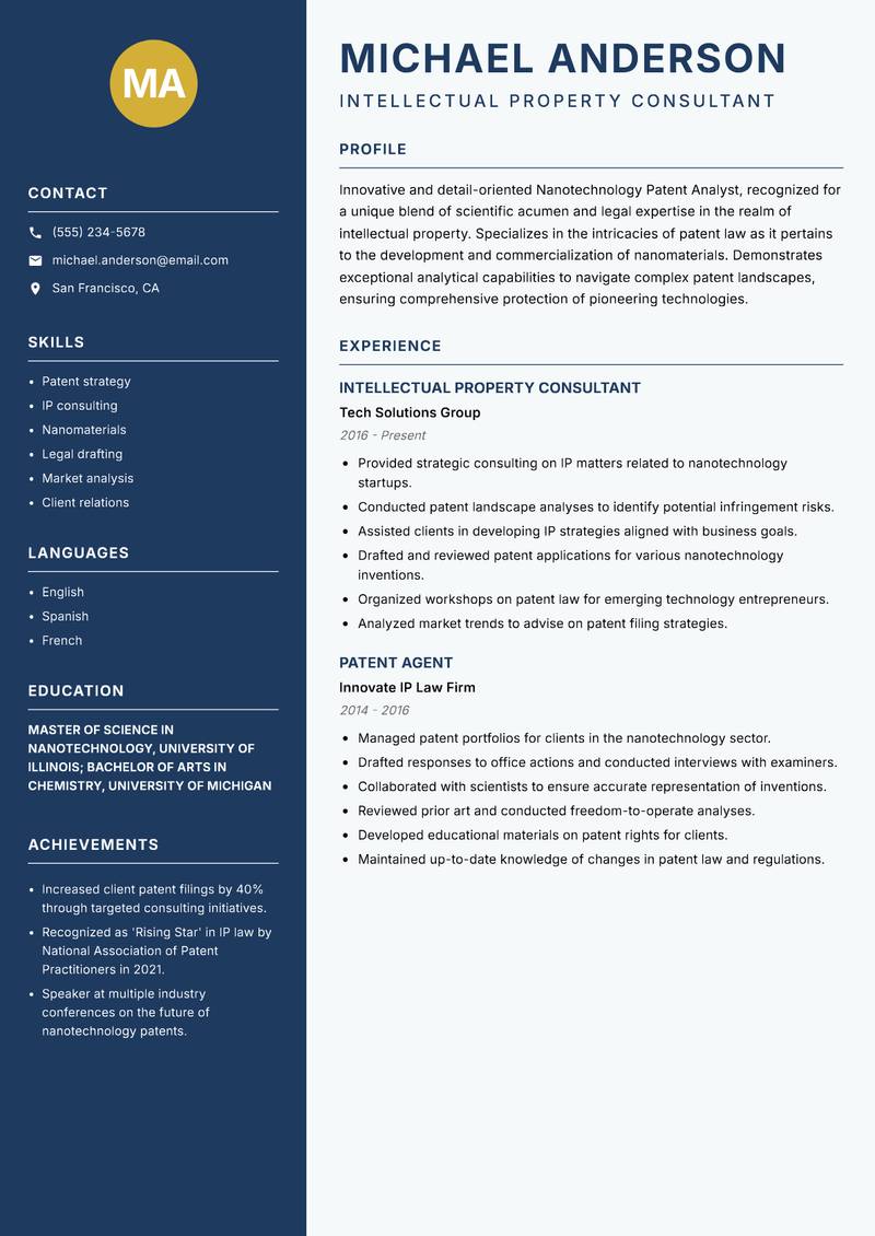 Nanotechnology Patent Analyst Resume Preview Example