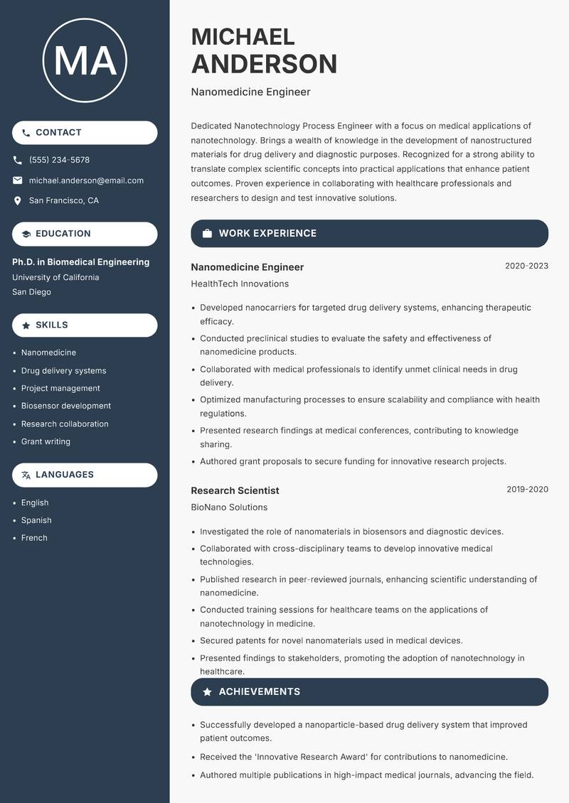 Nanotechnology Process Engineer Resume Preview Example