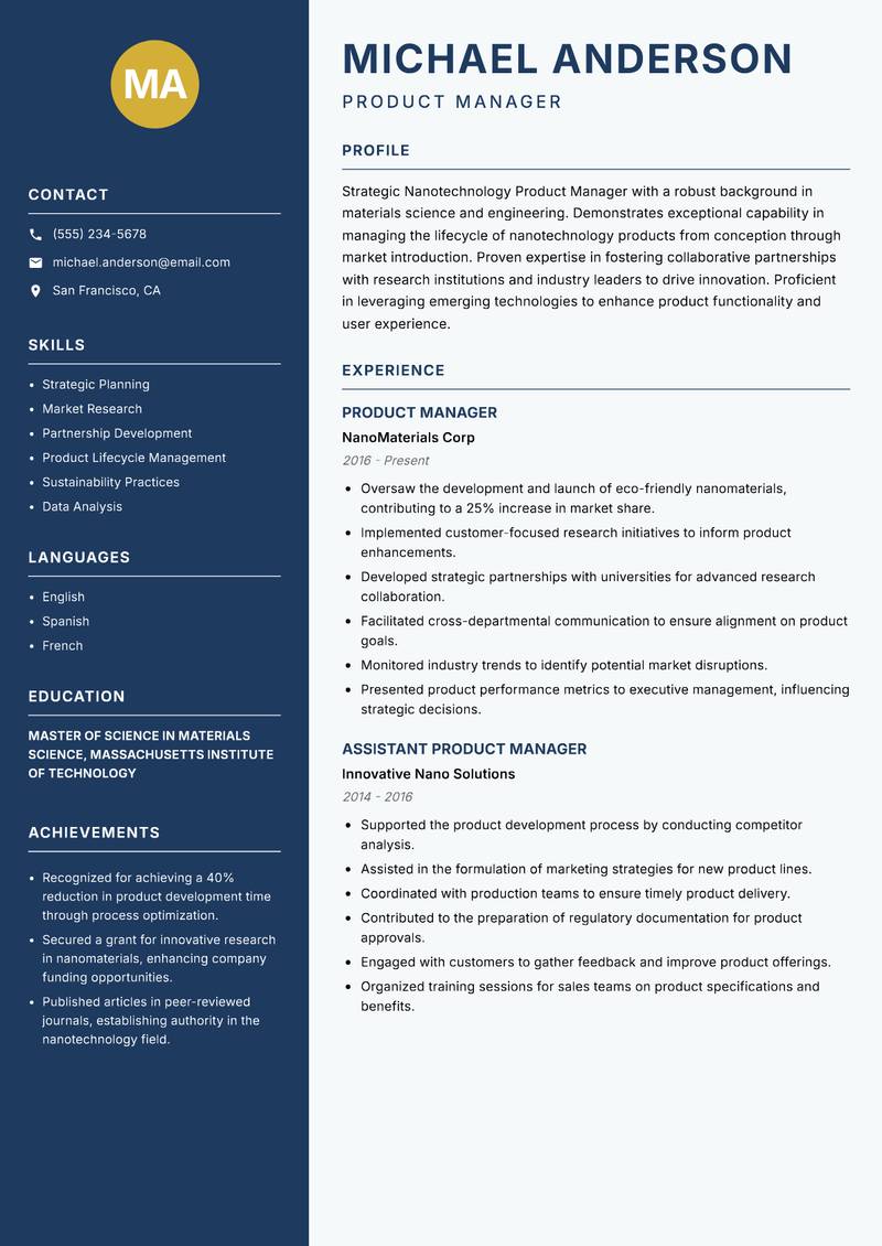 Nanotechnology Product Manager Resume Preview Example