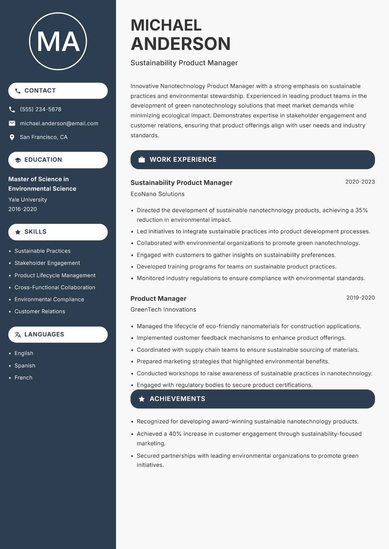 Nanotechnology Product Manager Resume Preview Example
