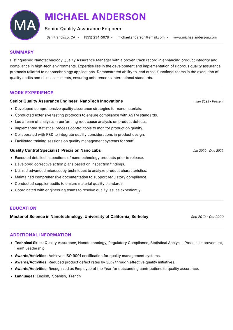 Nanotechnology Quality Assurance Manager Resume Preview Example