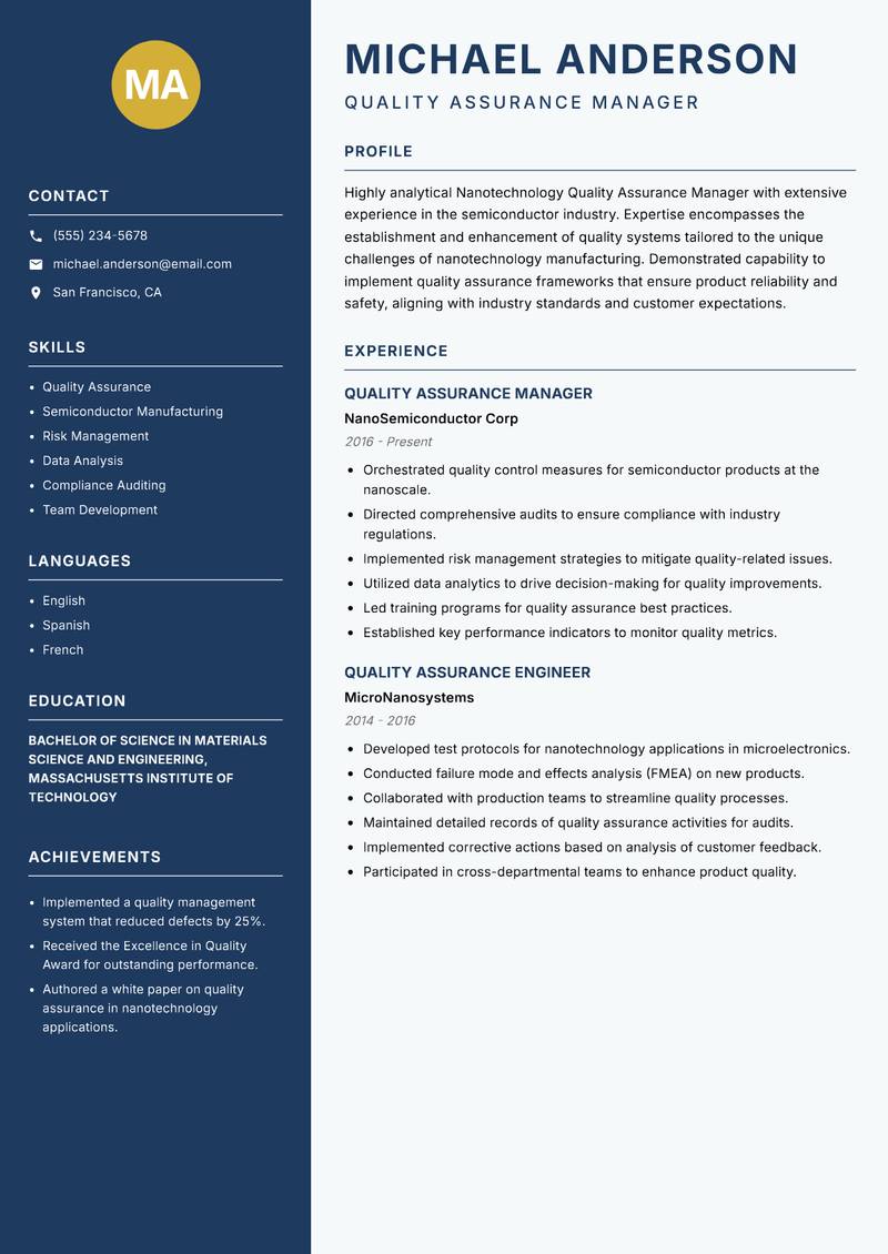 Nanotechnology Quality Assurance Manager Resume Preview Example