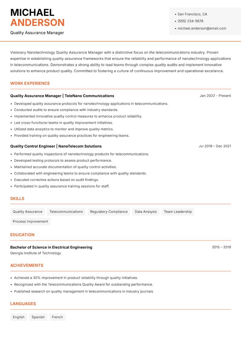 Nanotechnology Quality Assurance Manager Resume Template