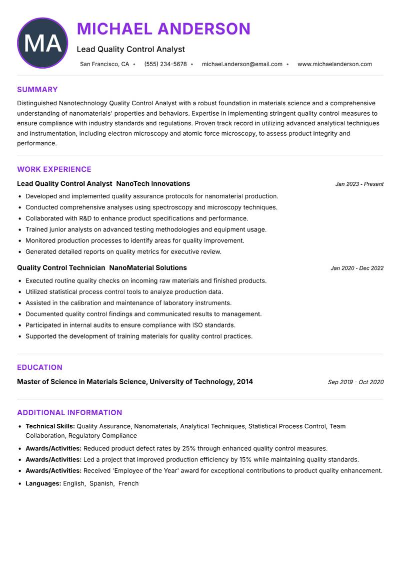 Nanotechnology Quality Control Analyst Resume Preview Example