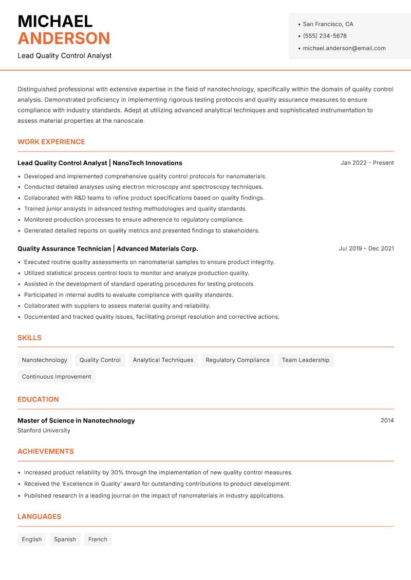Nanotechnology Quality Control Analyst Resume Template