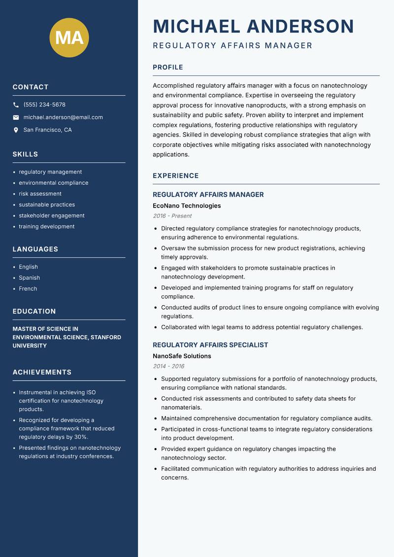 Nanotechnology Regulatory Affairs Specialist Resume Preview Example