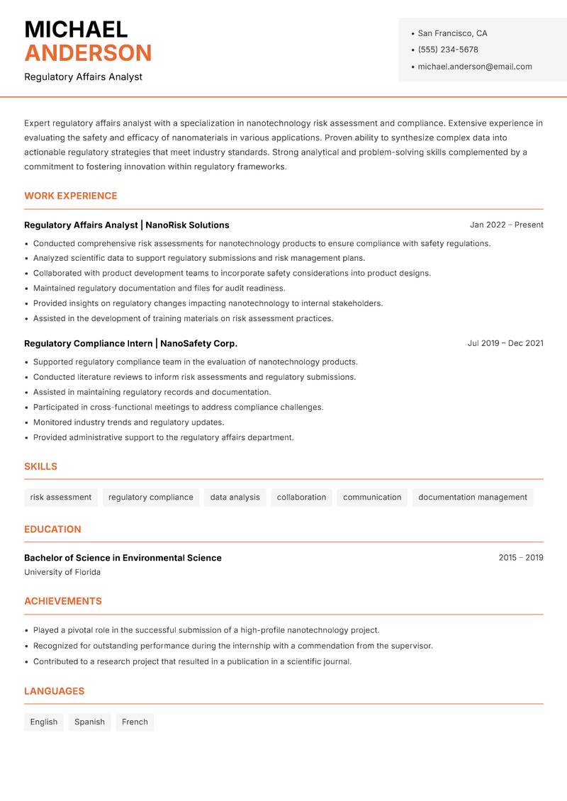 Nanotechnology Regulatory Affairs Specialist Resume Template