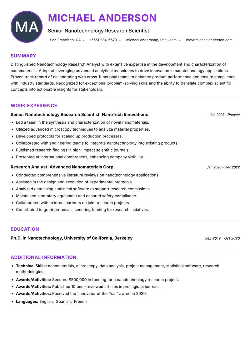 Nanotechnology Research Analyst Resume Preview Example