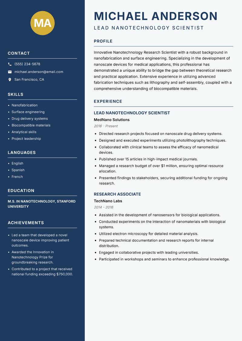 Nanotechnology Research Scientist Resume Preview Example