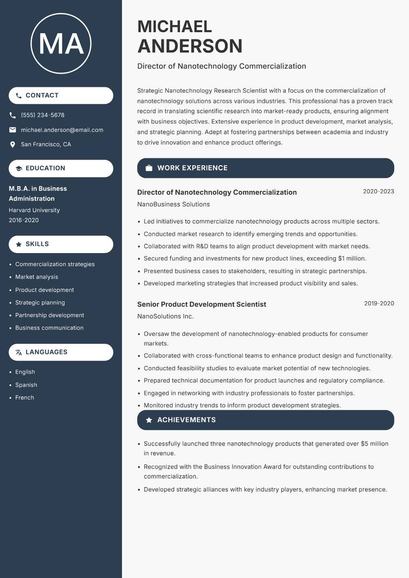 Nanotechnology Research Scientist Resume Preview Example