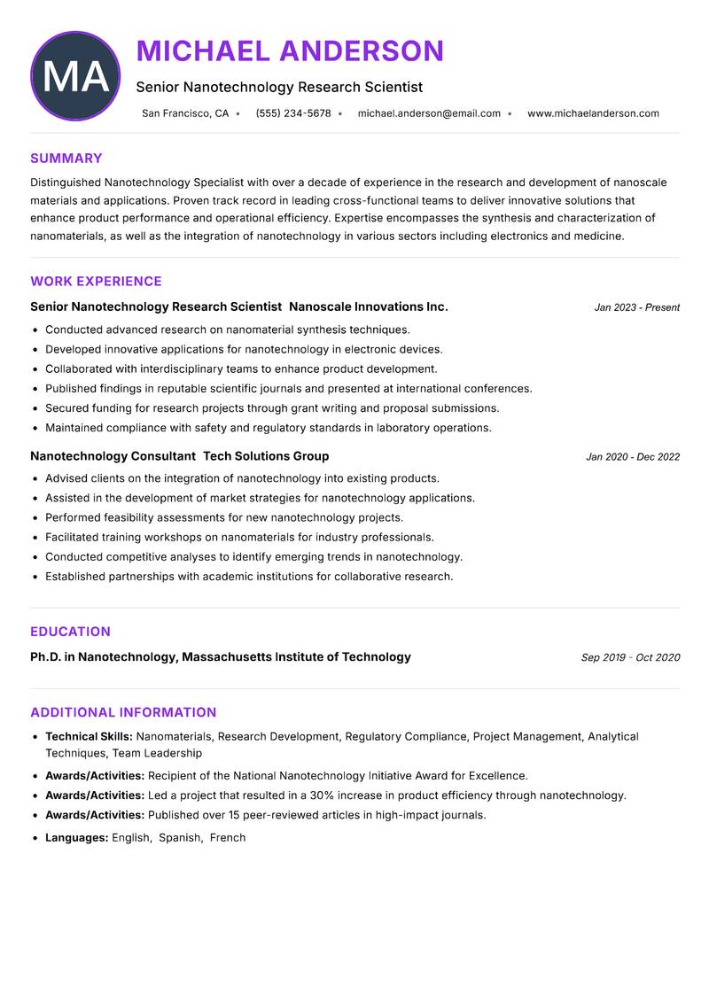 Nanotechnology Specialist Resume Preview Example