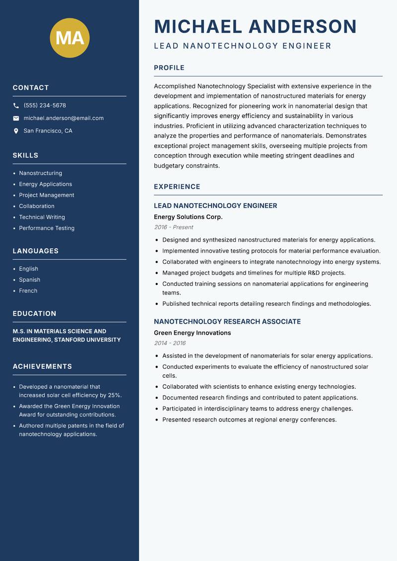 Nanotechnology Specialist Resume Preview Example