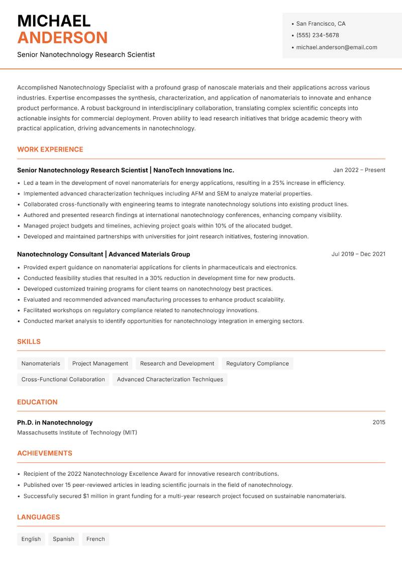 Nanotechnology Specialist Resume Template